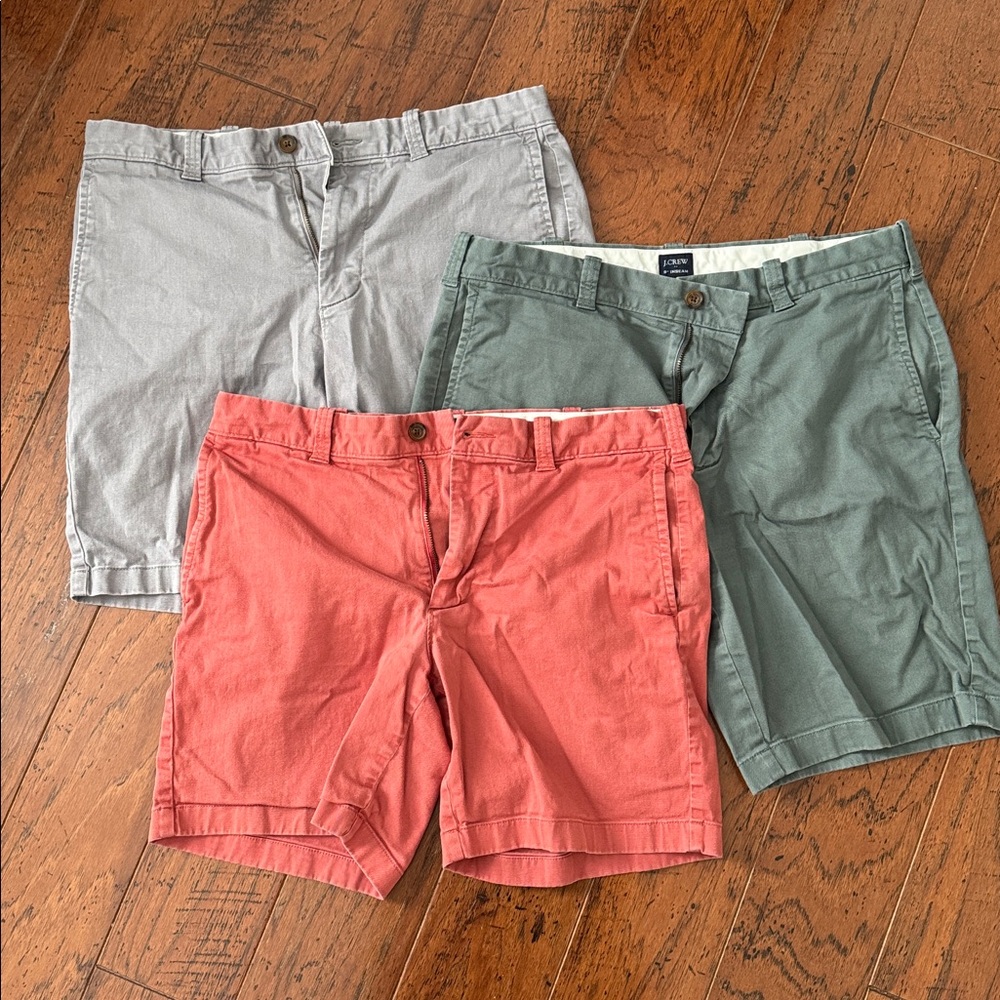 LOT - 3 Pairs J. Crew Factory Shorts, 33” Waist, Nantucket Red, Grey, Dark Sage